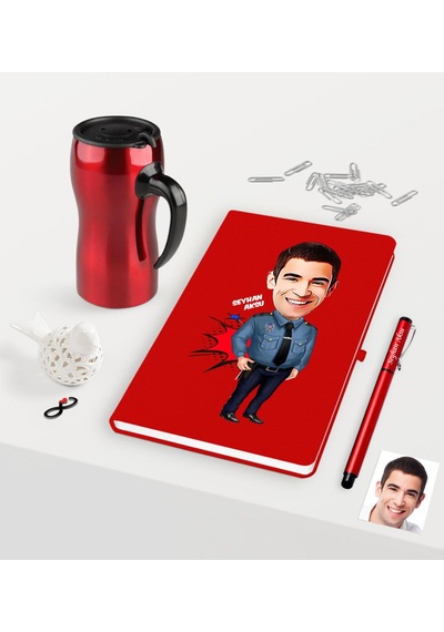Kişiye Özel Bay Polis Karikatürlü Kırmızı Defter Kalem Termos Mug N11.2306 Kırmızı