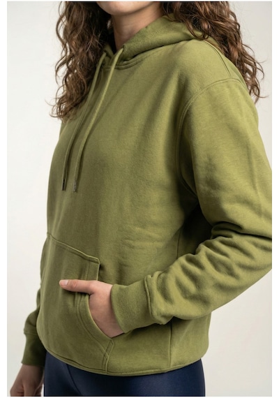 Hoxie Unisex Rahat Kesim Pamuklu Yumuşak Dokulu İçi Polarlı Basic Desenli Kapüşonlu Sweatshirt Yeşil