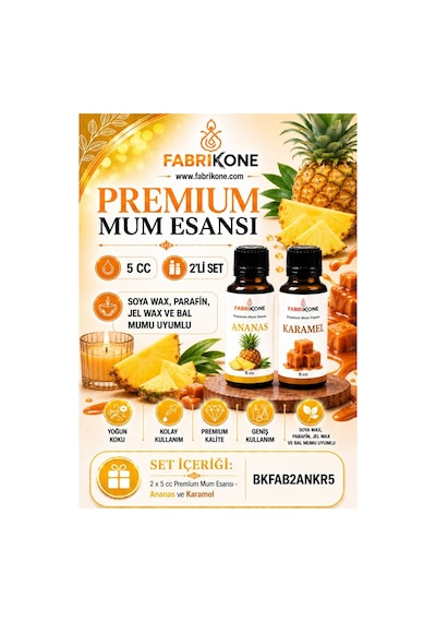 Premium Mum Esansı 5 Cc 2'li Set - Ananas, Karamel - Soya Wax, Parafin, Jel Wax Ve Bal Mumu Uyumlu Bkfab2ankr5 Karışık