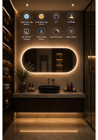 Albus Home Terra 50x100 Led Aydınlatmalı Dekoratif Banyo Aynası Dokunmatik Buğu Önleyici Çerçevesiz Cam