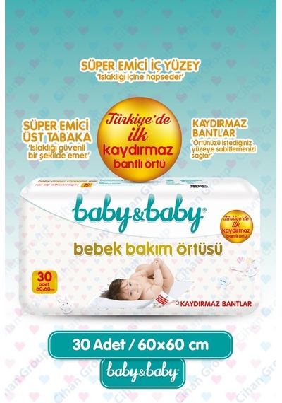 Baby & Baby Kaydırmaz Bantlı Bebek Bakım Örtüsü 30 Adet 60 x 60 CM