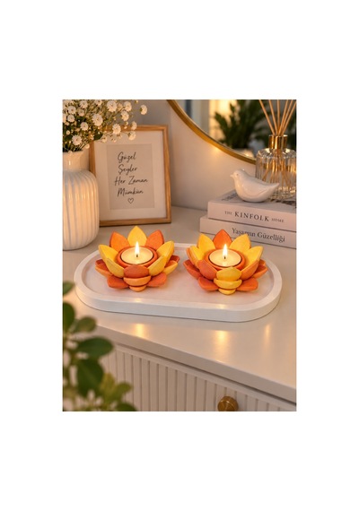 Turuncu Lotus Çiçeği 2 Li Dekoratif Tealight Mumluk Seti Turuncu