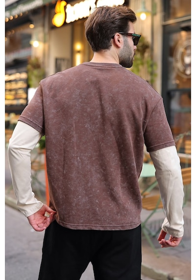 Madmext Acı Kahve Baskılı Batik Desen Erkek Tişört E7194 Acı Kahverengi