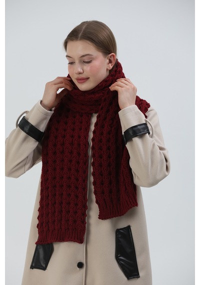 Sheilar Desenli Triko Örgü Atkı Bordo Bordo