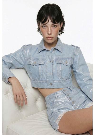 Holly Lolly Özel Yapım Parlak Kaplamalı Glossy Jean Ceket Mavi