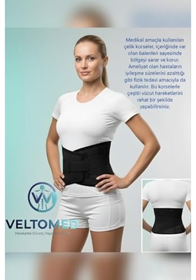 Tr Veltomed Siyah Çelik Balenli Lumbostad 26cm Korse, Ortopedik Korse, Bel Korsesi, Skolyoz, Fıtık, Lomber Disk, Fıt