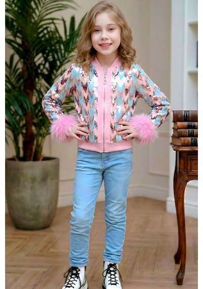 Riccotarz Kız Çocuk Pullu Zikzak Desenli Kürklü Ceket Ve Kot Pantolon Pembe Alt Üst Takım Pembe Riccotarz Kız Çocuk Pullu Zikzak Desenli Kürklü Ceket Ve Kot Pantolon Pembe Alt Üst Takım Pembe
