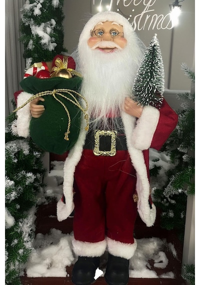 Yılbaşı Süsü Noel Baba Biblo Figür Büyük Boy 45cm -elinde Çam Ağacı Ve Hediye Çuvalı İle 45