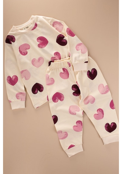 Cigit Desenli Pijama Takımı 2-8 Yaş Ekru Kalp Desenli