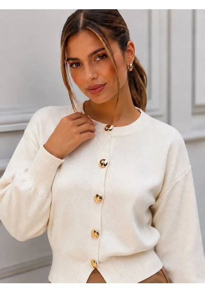 Park Karon Kadın Gold Metal Düğmeli Triko Hırka Balon Kol Crop Premium Ceket 12525 Kemik