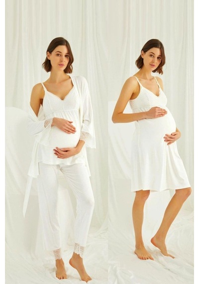 Monamise 18433489 Kadın Ekru Hamile Lohusa Seti Sabahlık Gecelik Pijama Takım