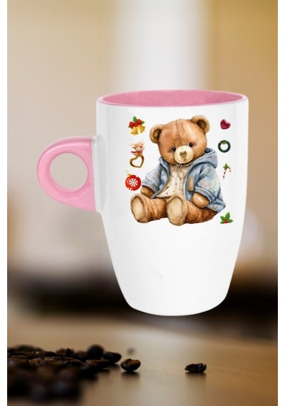 Yeni Yıl Oyuncak Ayı Teddy Bear Baskılı Kupa Bardak Porselen Latte Filtre Kahve Fincanı Pembe