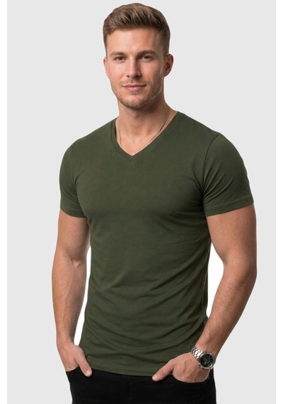 Rizzup Erkek Haki Slim Fit %90 Pamuk V Yaka Likralı Yumuşak Dokulu Basic Tişört 1801165