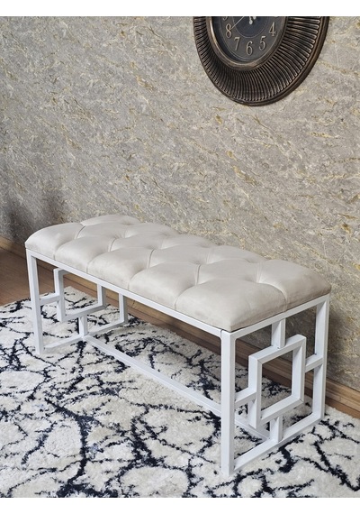 Zafir Beyaz Boyalı İçi Kareli Diktörtgen 100 Cm X 40 Cm Oturak Puf - Bench - Makyaj Oturağı - Oturak Krem