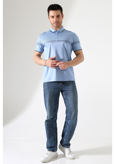 Rıbana Classıc Fermuar Detaylı Desenli Pamuklu Polo Yaka T-shirt Mavi