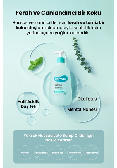 Akneye Eğilimli Ciltlere, Arındırıcı, Yağ-nem Dengesi Sunan Duş Jeli Derma:b Ac Control Body Wash Beyaz Sabun