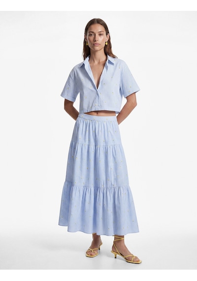 Koton Koton X Sibil Çetinkaya - Kısa Kollu Limon İşleme Detaylı Çizgili Crop Poplin Gömlek Mavi Çizgili 6sak60369pw