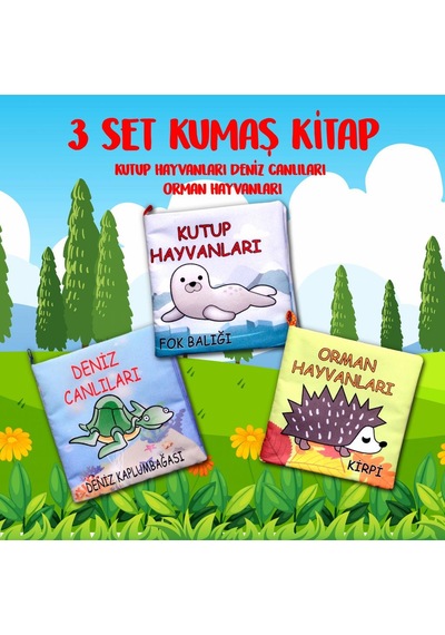 3 Kitap Tox Orman Deniz ve Kutup Hayvanları Kumaş Sessiz Kitap