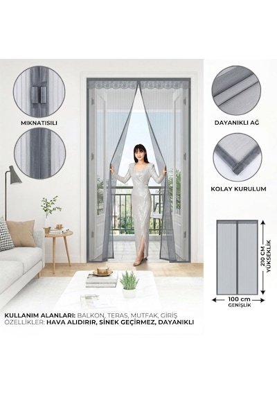 Mıknatıslı Kapı Sinekliği Gri 100x210 Cm Otomatik Kapanan Manyetik Tül Sineklik 5250