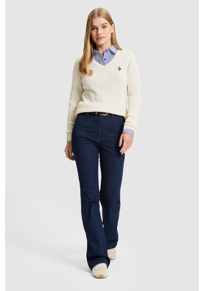 U.S. Polo Assn. Kadın Krem Melanj V Yaka Basic Kazak 50327575-vr159