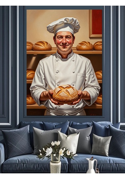 Ahşap Tablo Beyaz Aşçı Ekmek Tutuyor