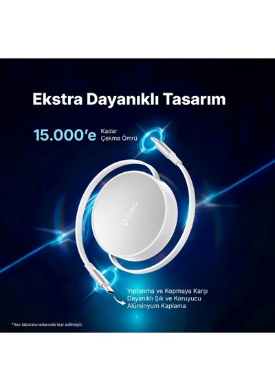 Ttec USB-C - USB-C Mini Makaralı 100W PD/QC 120 CM Hızlı Şarj Kablosu Beyaz