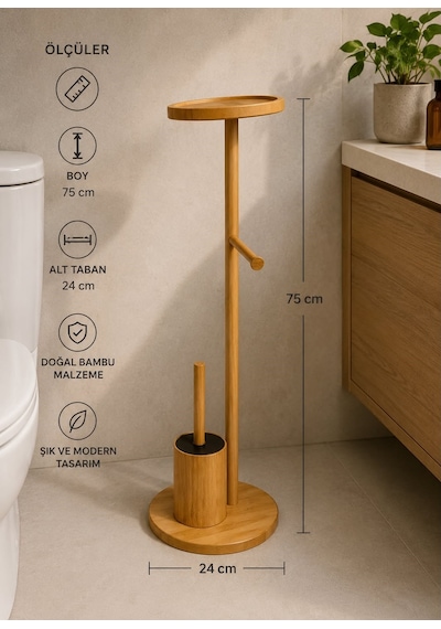 Morponi Ahşap Bambu Çok Amaçlı Tuvalet Kağıdı Askısı, Yedekli Stand Ve Banyo Fırçalık Seti Yuvarlak Gri