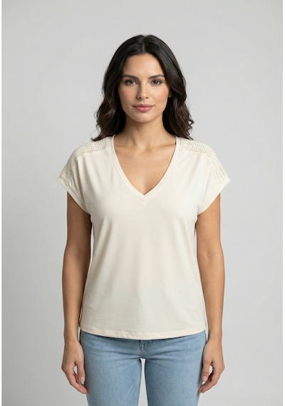 Only Onlfree Life S/s V-neck Lace Top Jrs Kadın T-shirt 15369294 Ekru