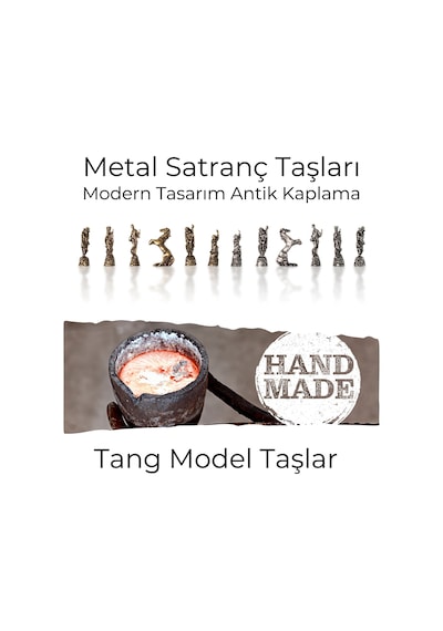 Mc97 - Çin Antik Figürlü Metal Taşlar 30x30cm Gerçek Kayın Tahtası - Hediyelik Satranç Takımı