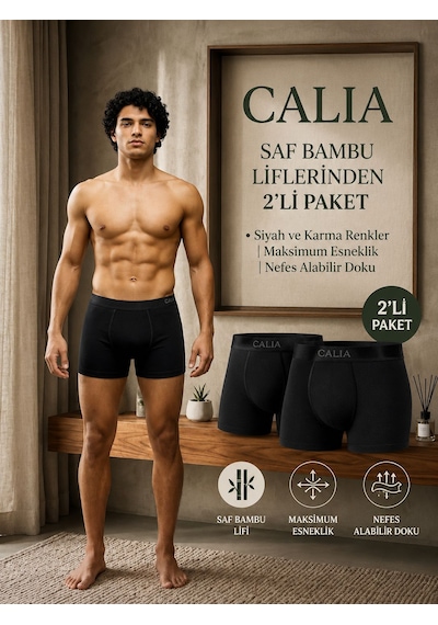 Qulat Calıa Erkek Bambu Boxer 2 Li Paket Gri Renk Nefes Alan Esnek Yumuşak Dokulu Boxer Siyah