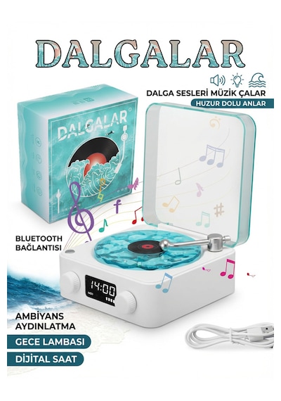 Waves Nostalji Plak Çalar Bluetooth Subwoofer 3d Ses Dalgası Retro Müzik Plak Çalar Mavi