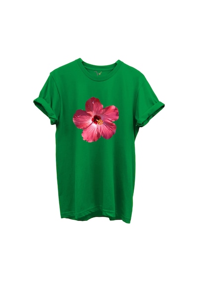 Pembe Tropik Hibiskus Çiçekli Kadın %100 Pamuk Regular Fit Bisiklet Yaka T-shirt Yeşil
