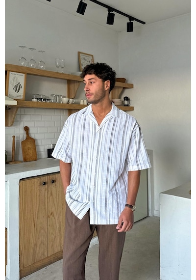 Flaw Çizgili Oversize Kısa Kol Gömlek Beyaz-25868 Beyaz