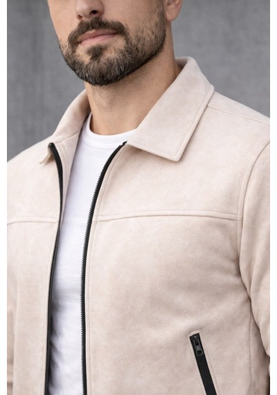 Baselco Basic Slim Fit Polo Yaka Süet Ceket Krem
