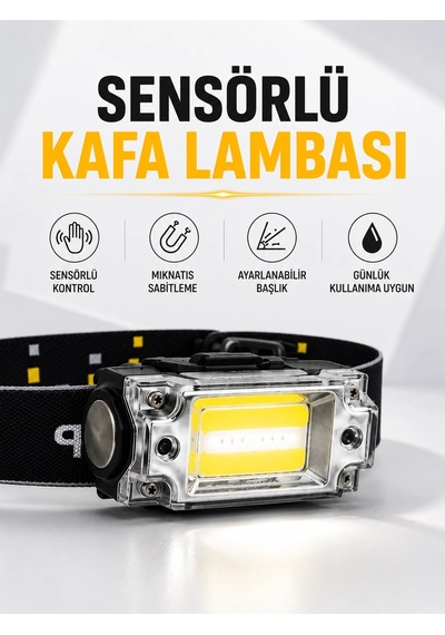 Mey İthalat Sensör Kontrollü Şarjlı Beyaz Led Kafa Lambası Ve El Feneri ANTRASİT