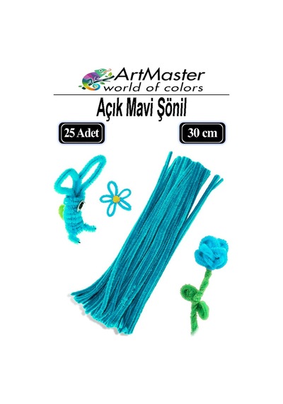 Şönil Açık Mavi 30 Cm 25 Li 1 Paket Renkli Tüylü Tel Şönil Pipo Temizleyici Okul Öncesi Anasınıfı Kreş Hobi Eğitici