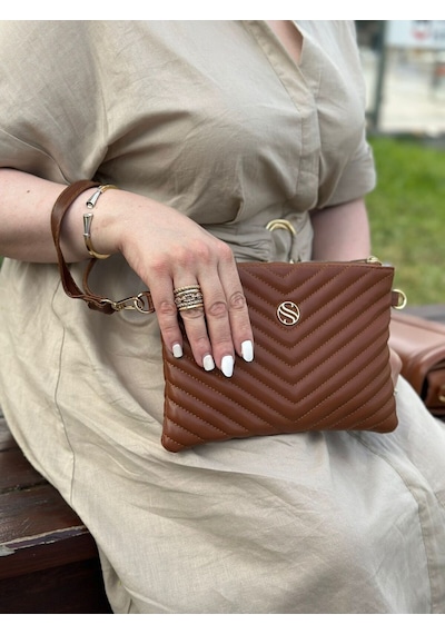 Kadın Suni Deri Taba Renkli Ayarlanabilir Çapraz Ve El Askılı Portföy, Clutch Çanta Taba