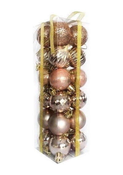 4 Cm - Yılbaşı Lüks Top Süs Seti 24 Adet Rose Gold Simli-parlak-mat-disco-çizgili Asetatlı Kutu