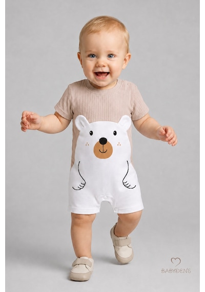 Babyden's Erkek Bebek Ayıcık Baskılı Kısa Kollu %100 Pamuk Yazlık Bebek Tulumu Yenidoğan Günlük Tulum 0-9 Ay Bej