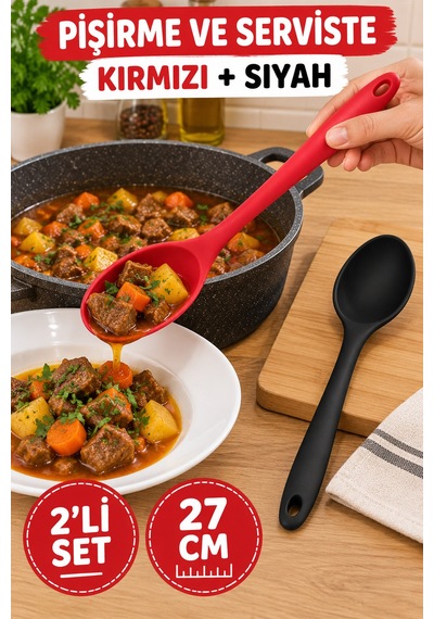 2'li Set Kırmızı Siyah Büyük Boy Silikon Kaşık 27 Cm Mutfak Yemek Pişirme Ve Servis Kaşığı 2 Adetlik