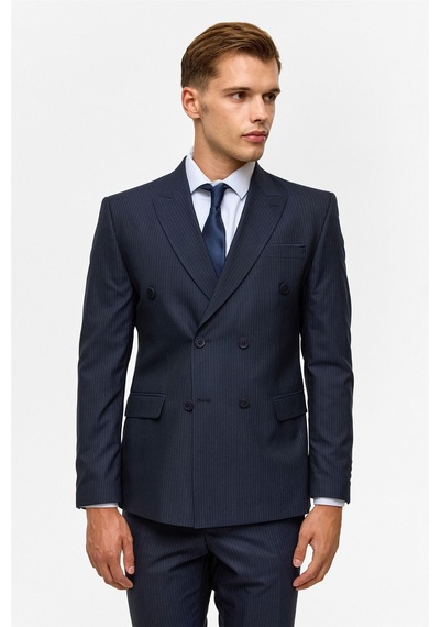 Süvari Lacivert Slim Çizgili Kruvaze Yaka 6 Drop Takım Elbise-38746 Lacivert