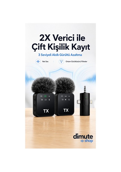 3'ü 1 Arada Kablosuz Mikrofon Seti Gürültü Önleyici, Type-c Uyumlu, 2x Verici - 737934524