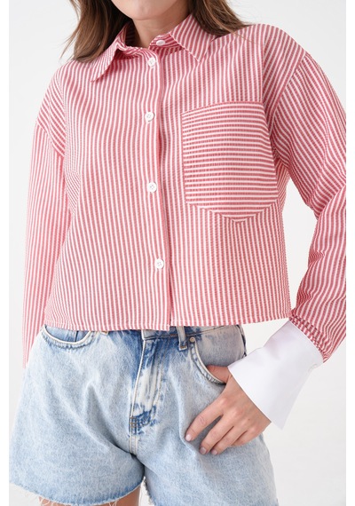 Saade Kırmızı Çizgili Crop Gömlek Kırmızı