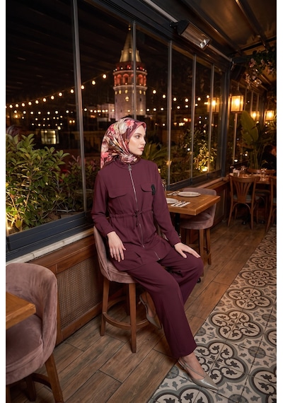 Armine Trend Fermuarlı Dik Yaka Bel Büzgülü Pantolonlu İkili Tesettür Takım Mürdüm 26yt6180