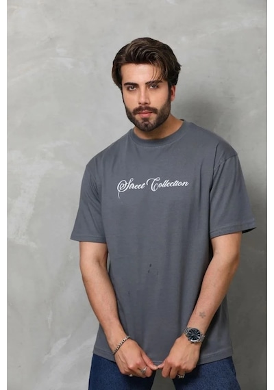 Erkek Baskılı T-shirt Kısa Kol Bisiklet Yaka Regular Fit Tişört - Füme Füme