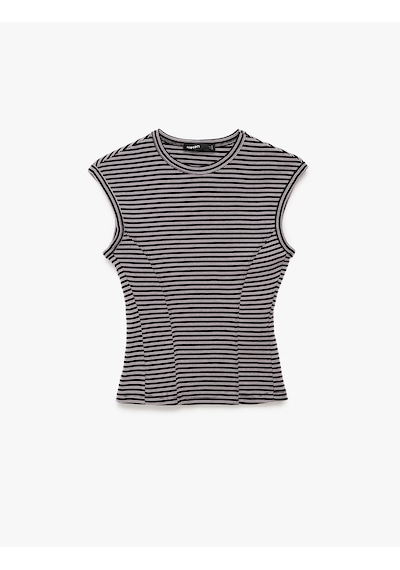 Koton Slim Fit Pamuklu Ribana Bisiklet Yaka Kolsuz Çizgili Tişört Bordo Çizgili 7wak10023pk