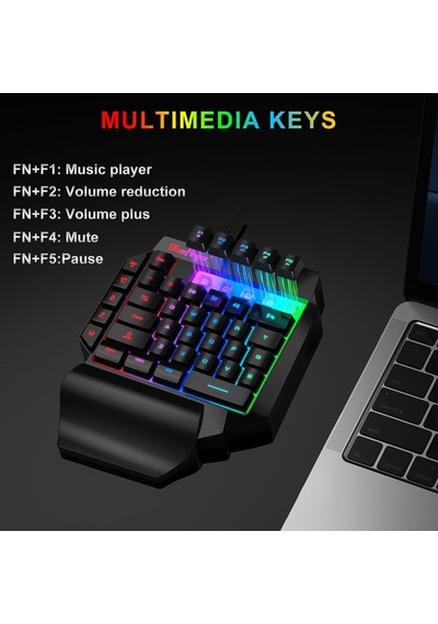 Tek El Rgb Oyun Klavyesi, Usb Kablolu Gökkuşağı Harfleri Parlayan Tek El Klavyesi Bilek Desteği Multimedya Tuşlar