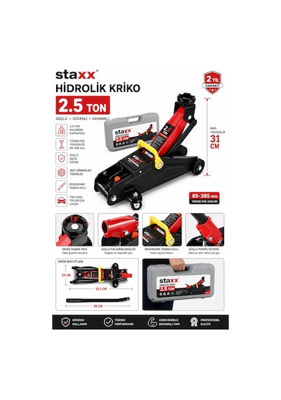 Staxx St2525 2.5 Ton Hidrolik Kriko Arabalı Oto Servis Garaj Krikosu 8-31cm Çantalı Çelik Gövde