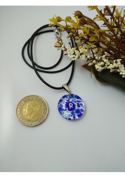 Cam Harf Kolye – Handmade El Yapimi Murano– (R) Harfi Modeli Gümüş