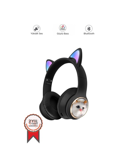Hd11 Siyah Sevimli Kedi Karükatür Kulak Led Işıklı 5.3 Bluetooth Kulak Üstü Kulaklık